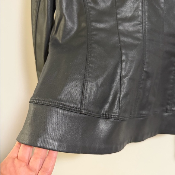Women's Double-Breasted Coated Black Denim Jacket - looks like leather - Picture 10 of 16